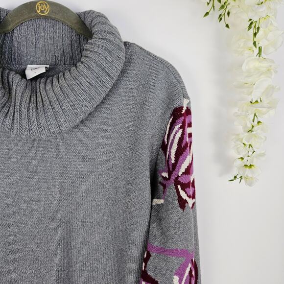 CAbi Eden Pullover Turtleneck Knit Sweater Gray Floral Flare Sleeve Large Casual - Picture 8 of 14